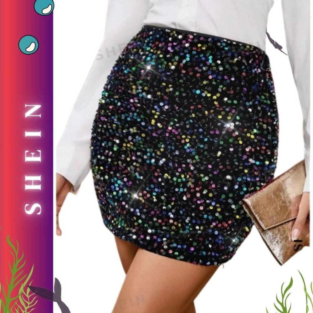 SHEIN Black Sequin Skirt-Multicolor